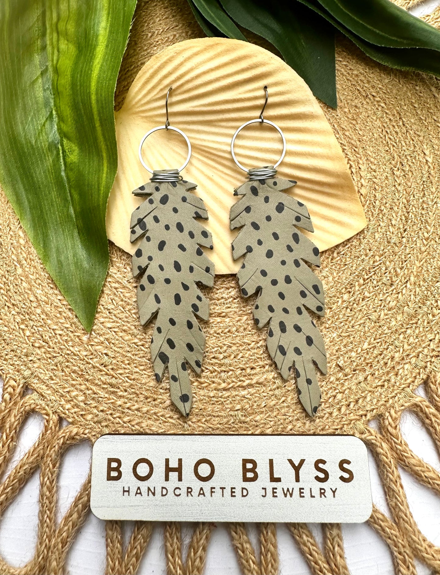 Wrapped Leather Feathers- Olive Spots