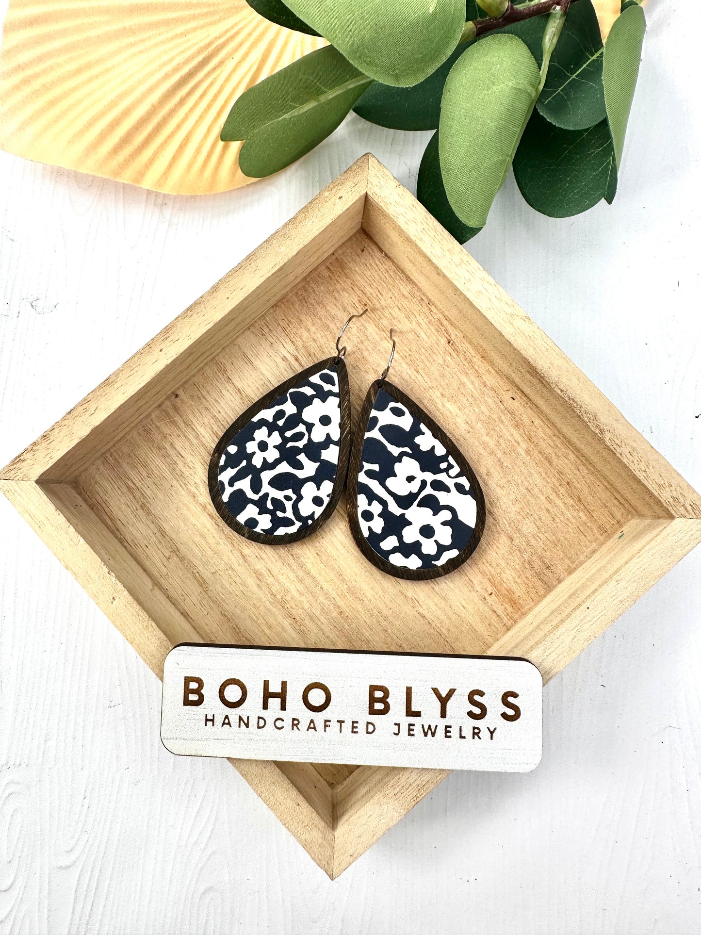 Navy Floral and Wood Teardrops