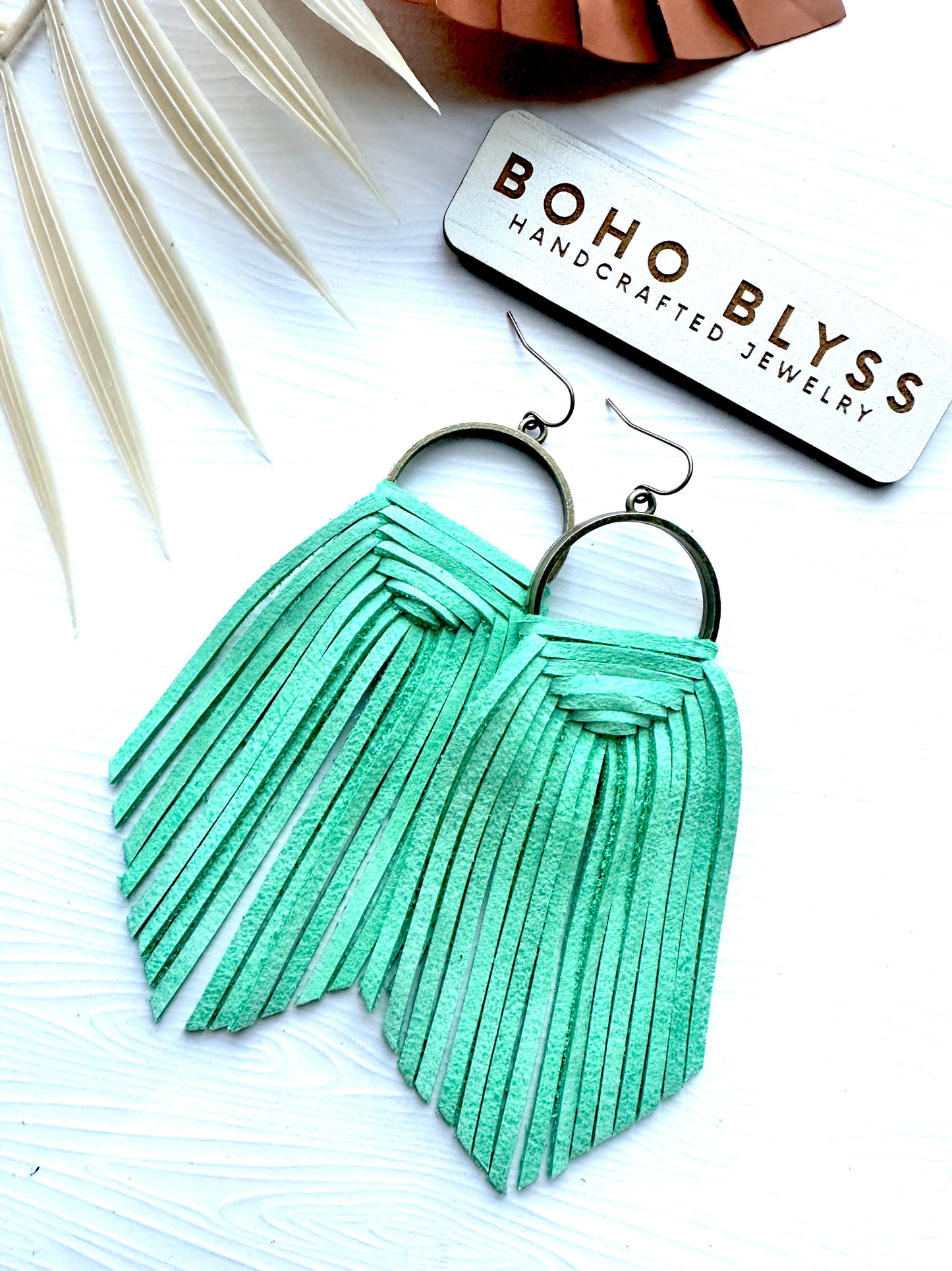 Seafoam wrapped fringe hoops
