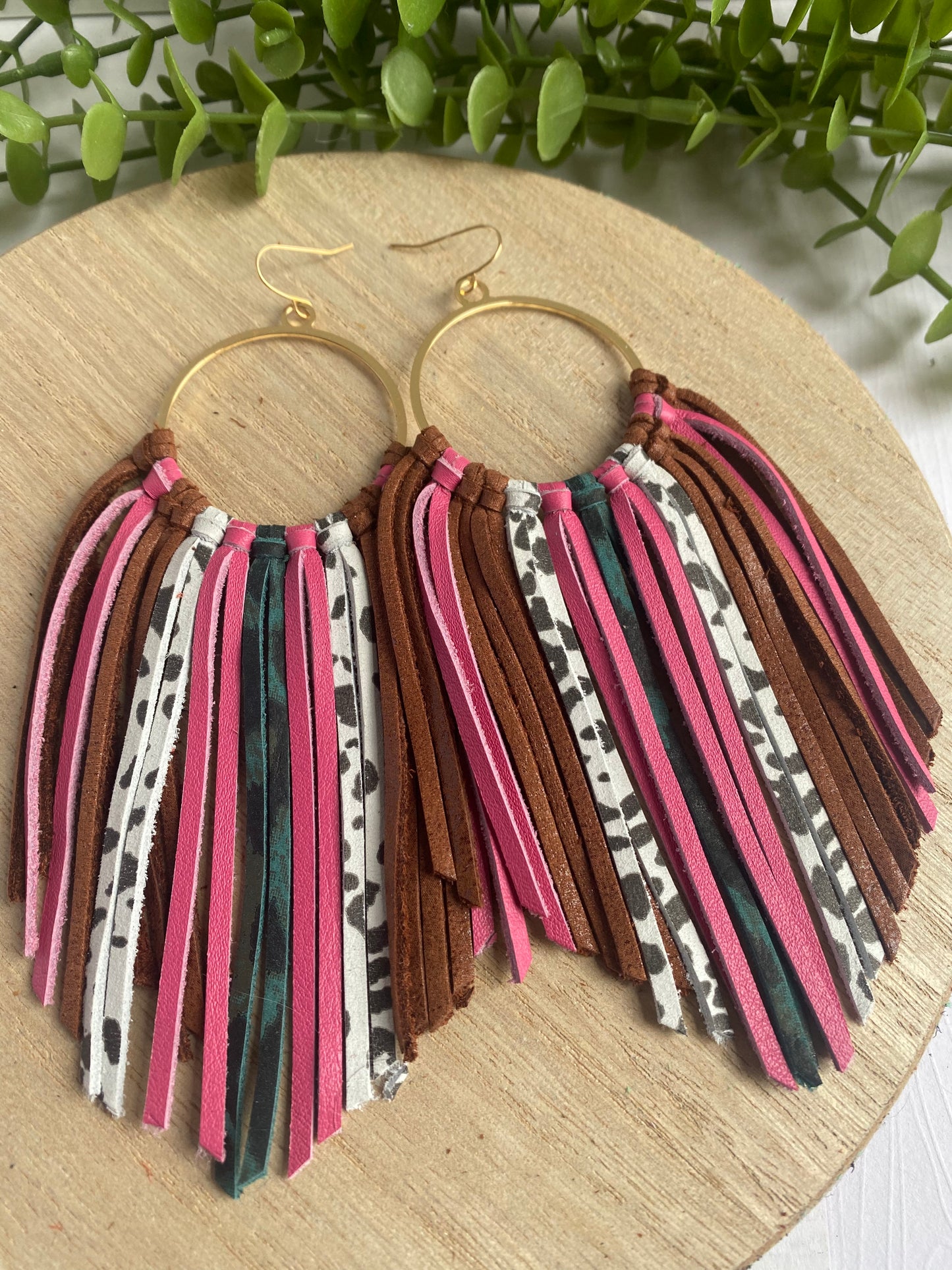 Pink/cow/brown/black fringe hoops
