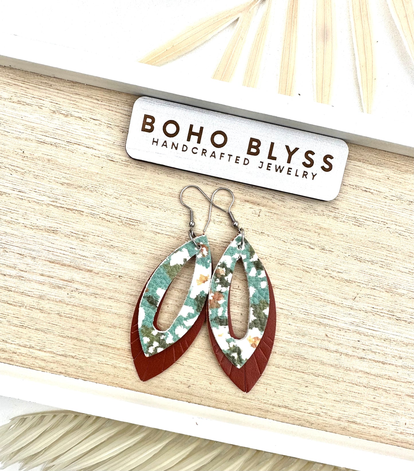 Aqua floral/rust layered leaves