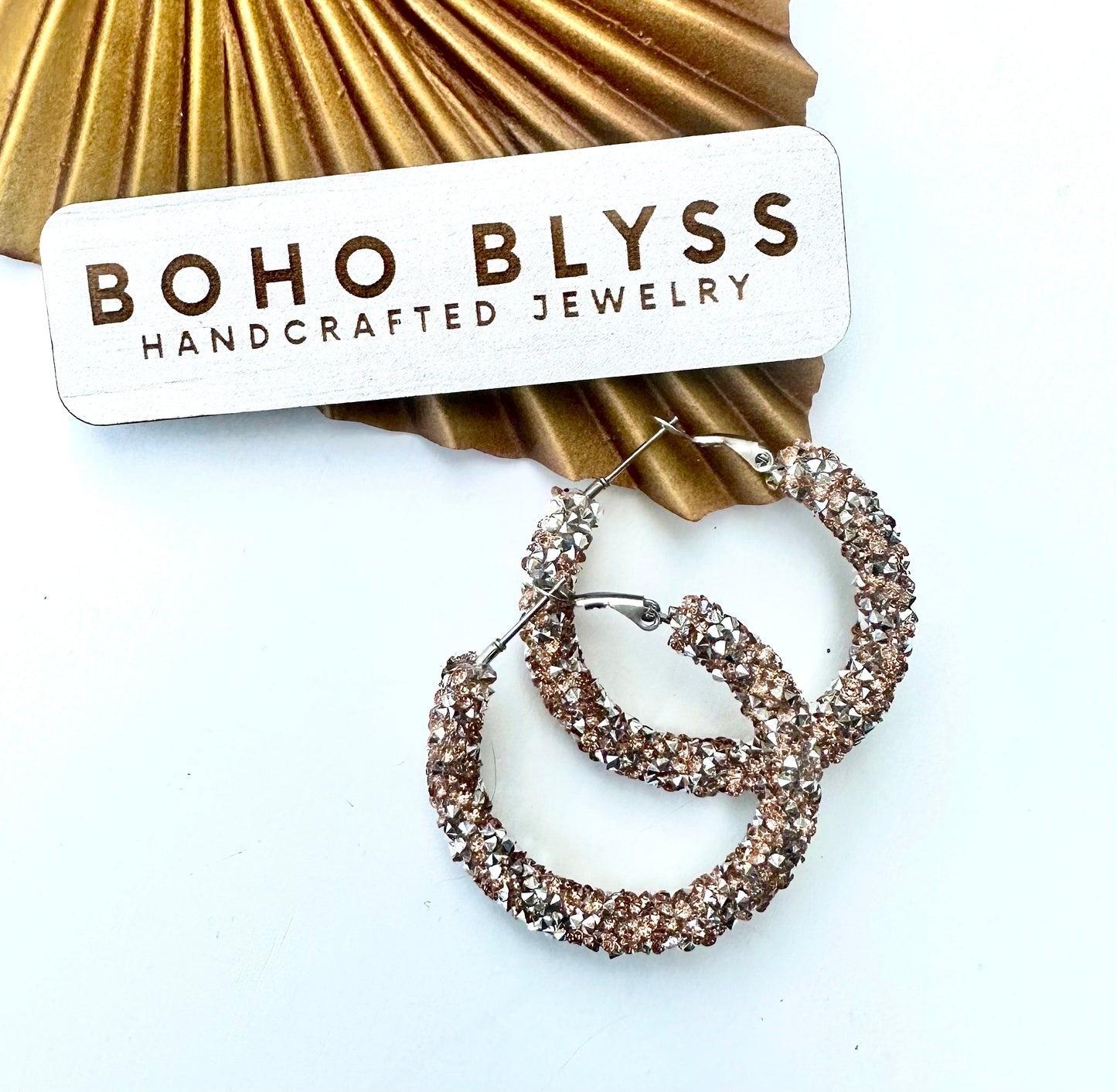 Champagne and silver glitter hoops
