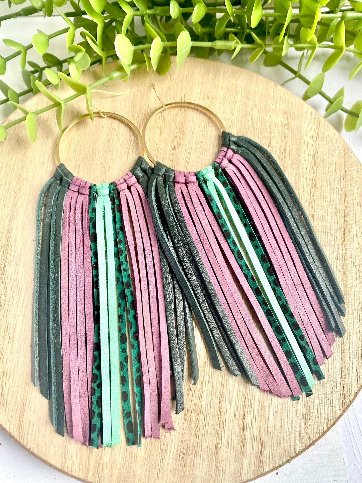 Greens/purple/leopard hoop fringe